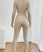 Ribbed V-Neck Long Sleeve Cropped Top and Pants Set - Body By J'ne