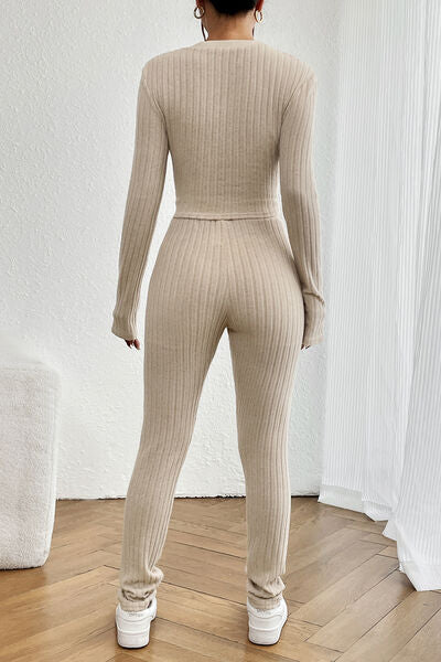 Ribbed V-Neck Long Sleeve Cropped Top and Pants Set - Body By J'ne
