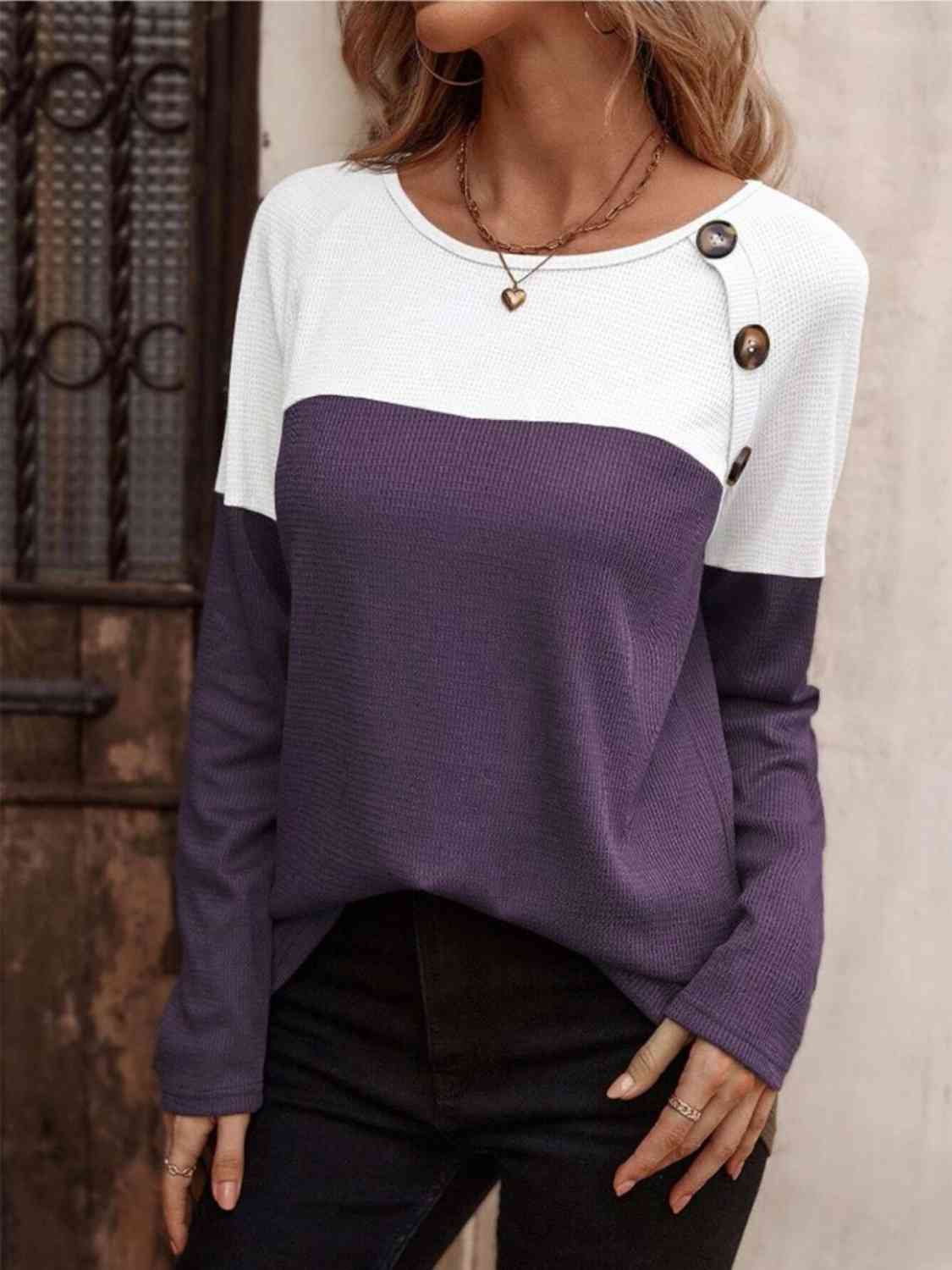 Contrast Round Neck Long Sleeve T-Shirt - Body By J'ne