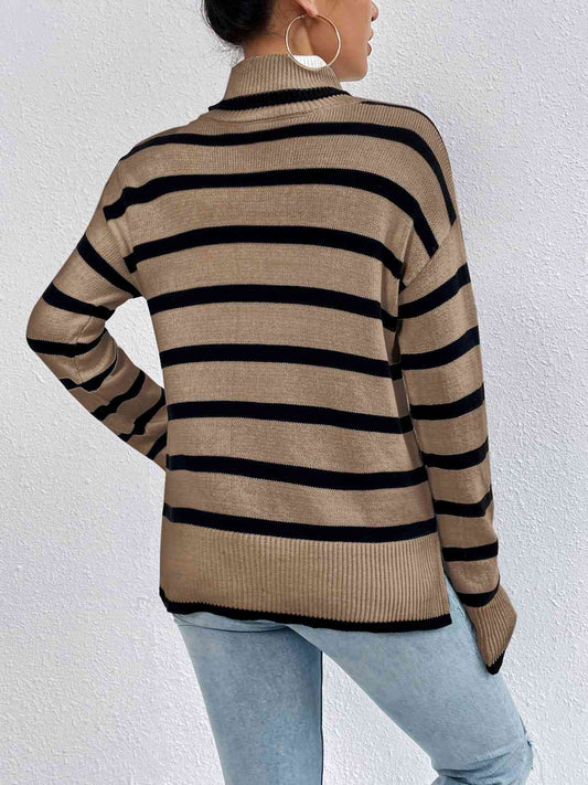 Striped Turtleneck Drop Shoulder Sweater - Body By J'ne