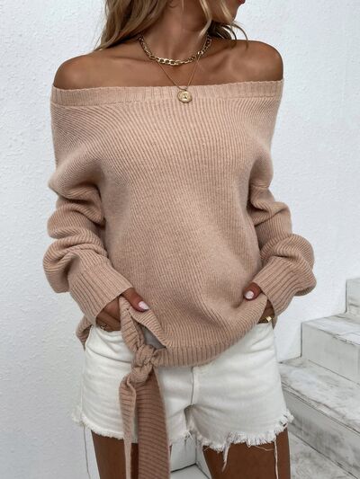 Ribbed Tied Off-Shoulder Sweater - Body By J'ne