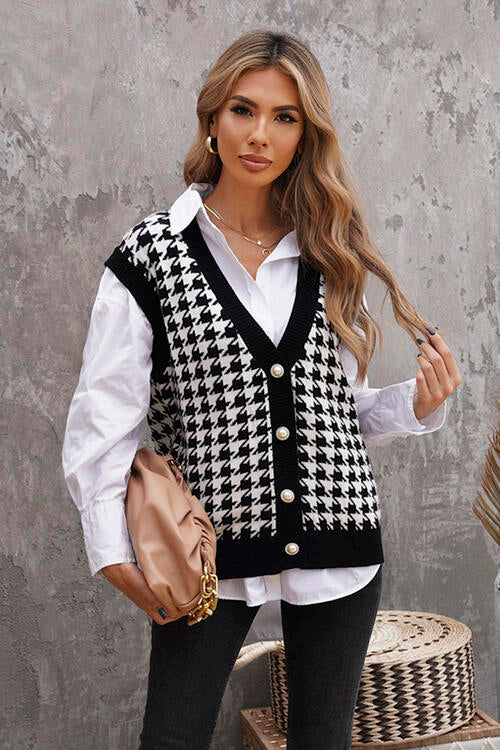 Houndstooth Button Front Sweater Vest - Body By J'ne