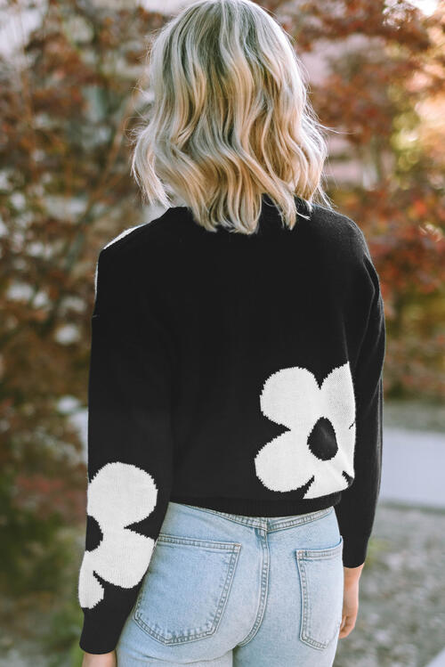 Round Neck Floral Pattern Color Contrast  Design Long Sleeve Sweater - Body By J'ne