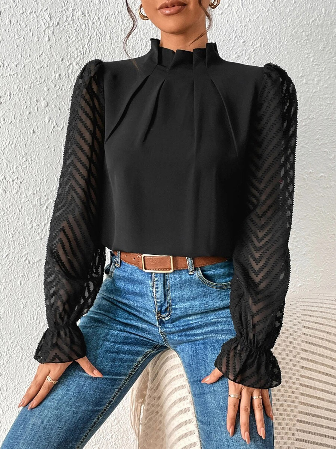 Mock Neck Flounce Sleeve Blouse - Body By J'ne