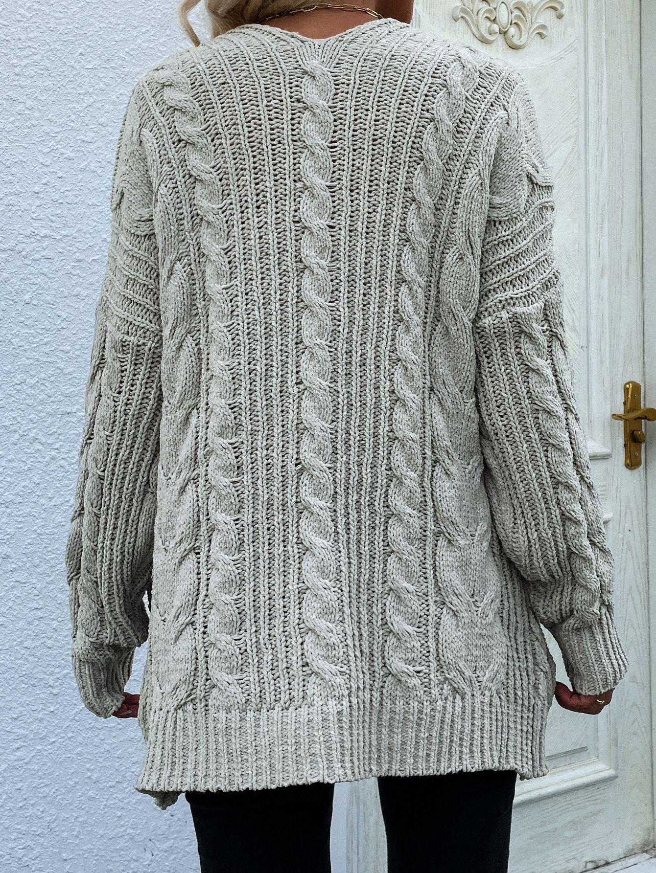 Woven Right Cable-Knit Open Front Cardigan with Front Pockets - Body By J'ne