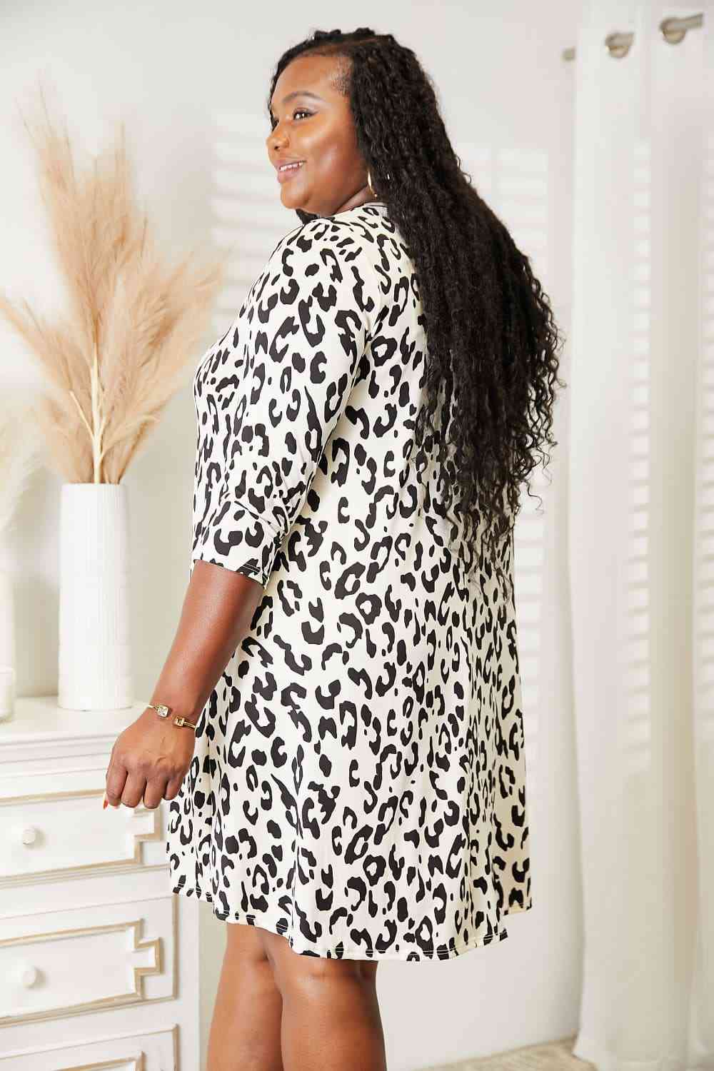 Full Size Leopard Three-Quarter Sleeve Dress with Pockets - Body By J'ne