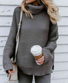 Turtleneck Dropped Shoulder Slit Sweater - Body By J'ne