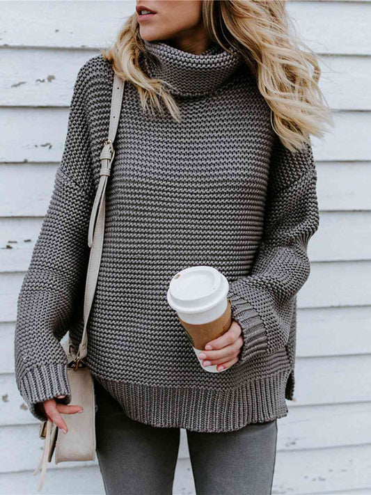 Turtleneck Dropped Shoulder Slit Sweater - Body By J'ne