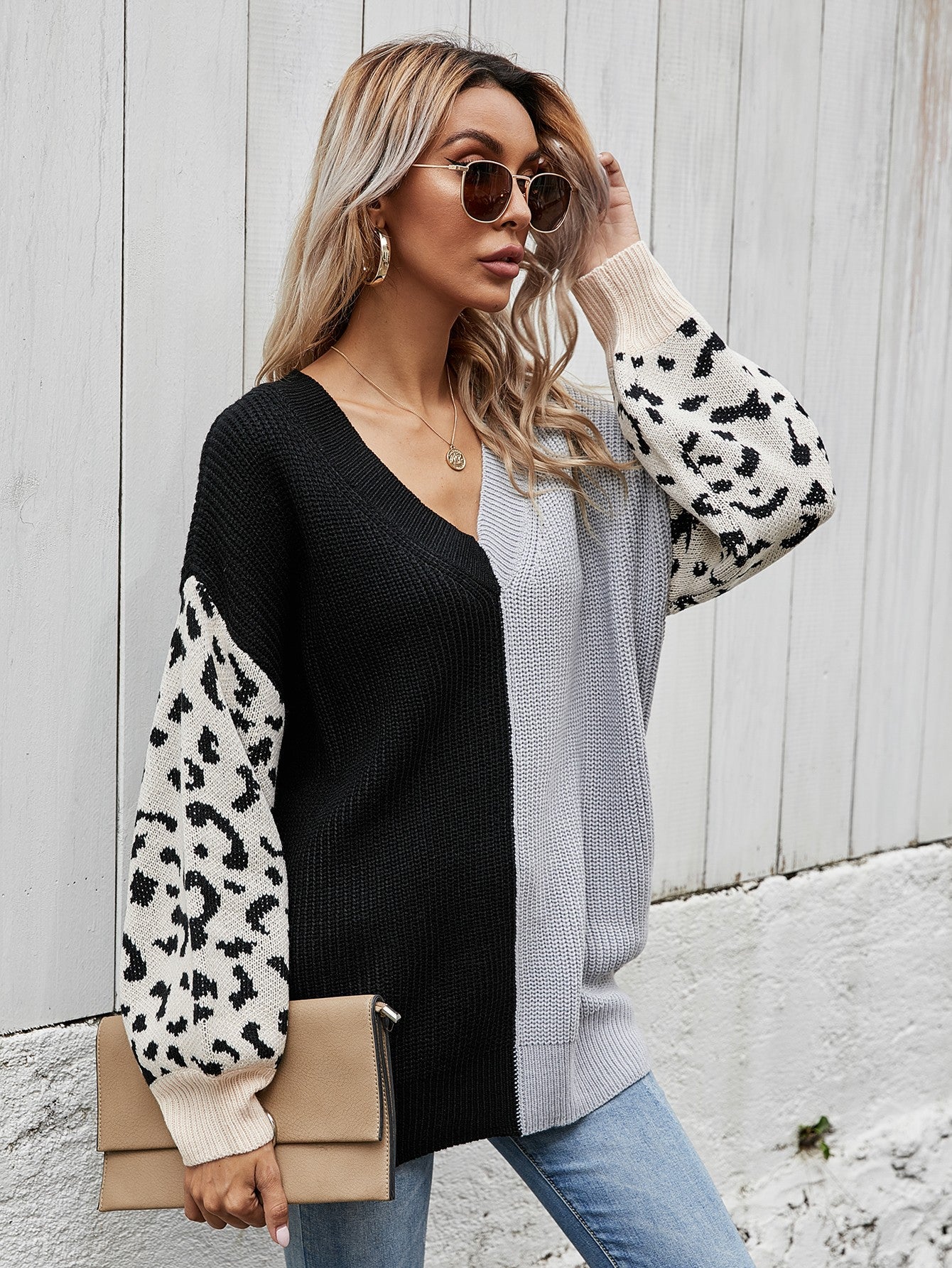 Leopard Color Block V-Neck Tunic Pullover Sweater - Body By J'ne