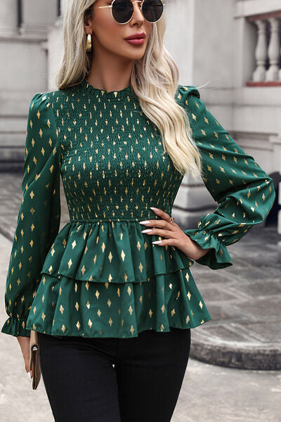 Smocked Flounce Sleeve Layered Blouse - Body By J'ne