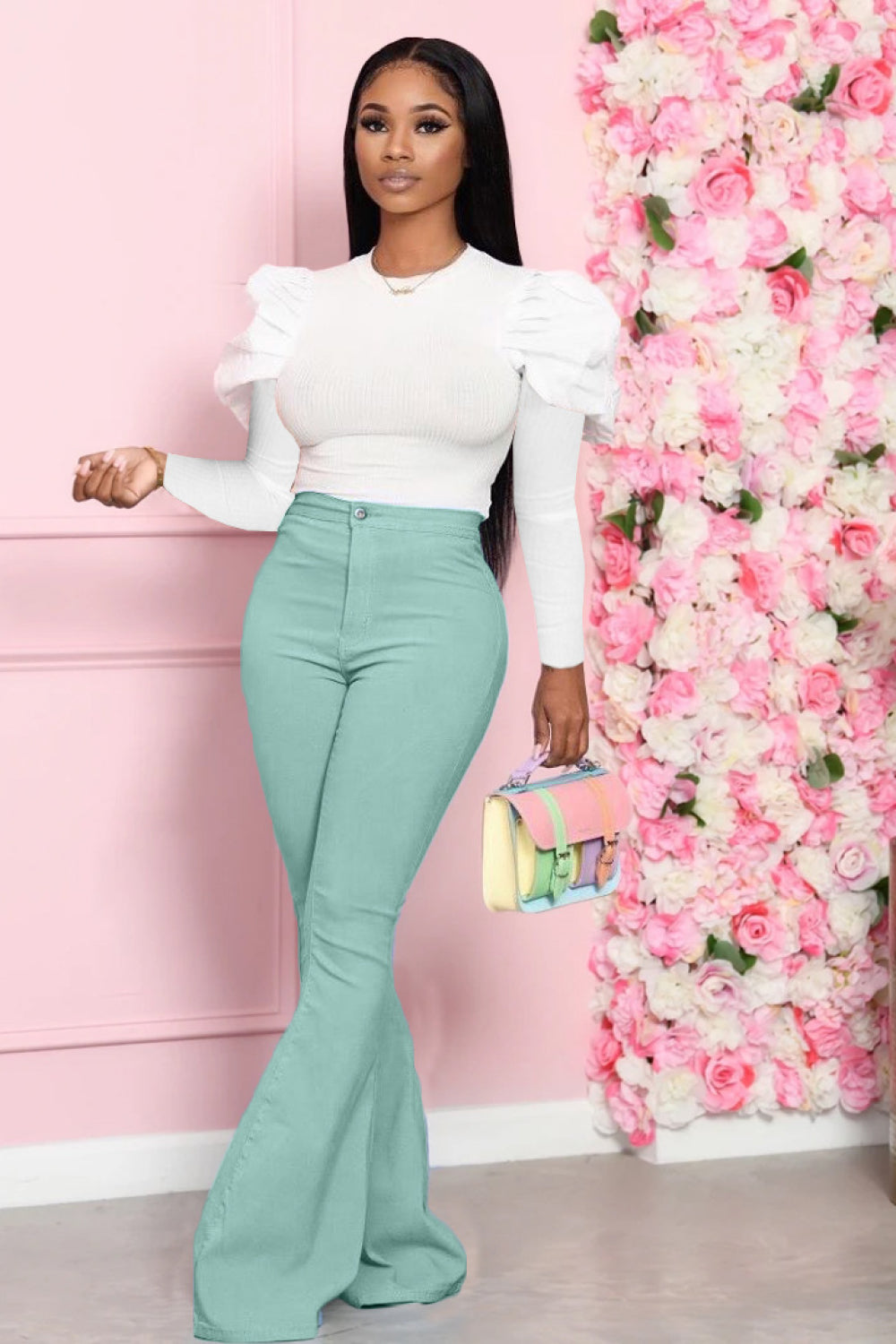 Leg-Of-Mutton Sleeve Top and Flare Pants Set - Body By J'ne