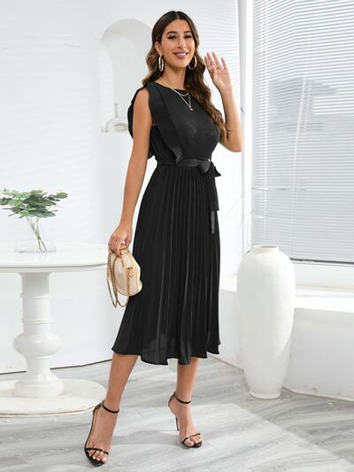 Tied Round Neck Pleated Midi Dress - Body By J'ne