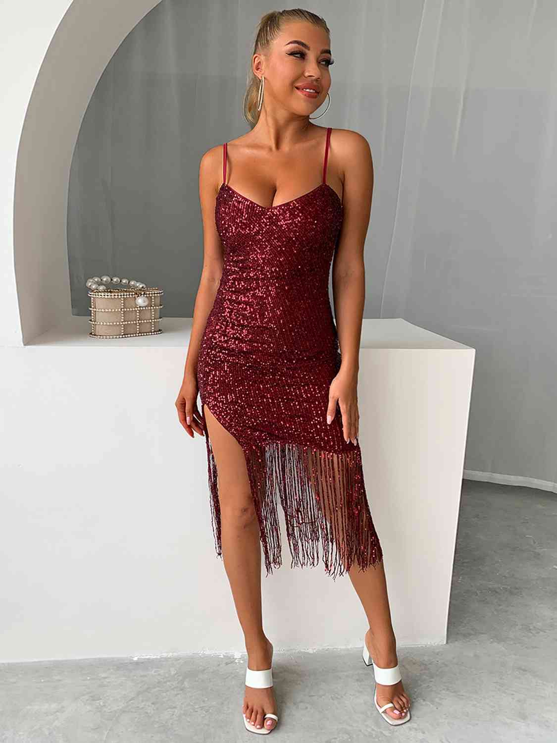 Sequin Fringe Spaghetti Strap Dress - Body By J'ne