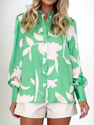 Printed Button Up Lantern Sleeve Shirt - Body By J'ne