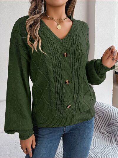 Cable-Knit Buttoned V-Neck Sweater - Body By J'ne