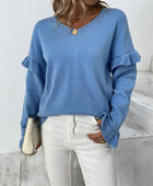 Ruffled V-Neck Dropped Shoulder Sweater - Body By J'ne