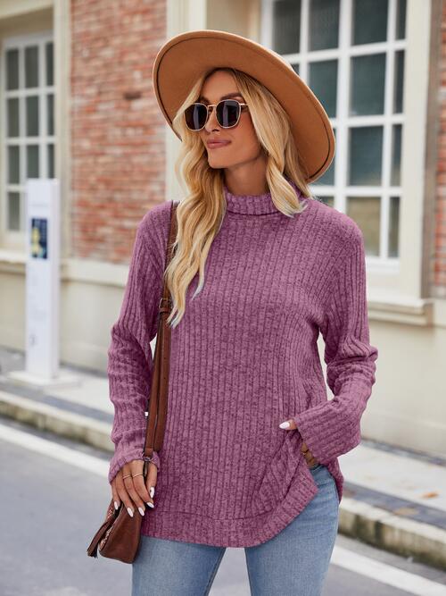 Ribbed Turtleneck Long Sleeve Slit Knit Top - Body By J'ne