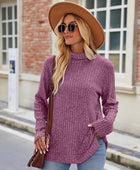 Ribbed Turtleneck Long Sleeve Slit Knit Top - Body By J'ne