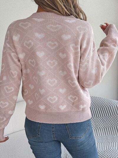 Heart Pattern V-Neck Long Sleeve Sweater - Body By J'ne