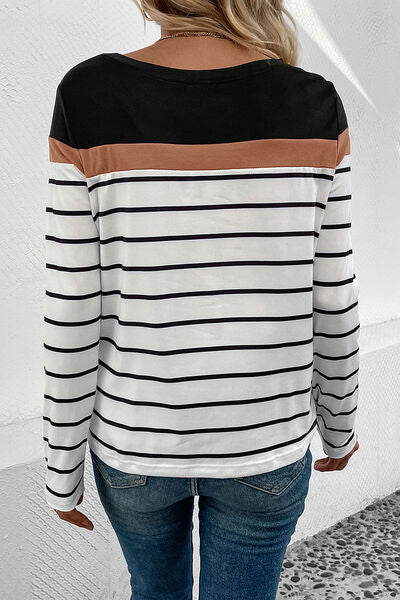 Striped Round Neck Long Sleeve T-Shirt - Body By J'ne