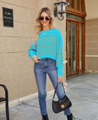 Round Neck Striped Lantern Sleeve Sweater - Body By J'ne