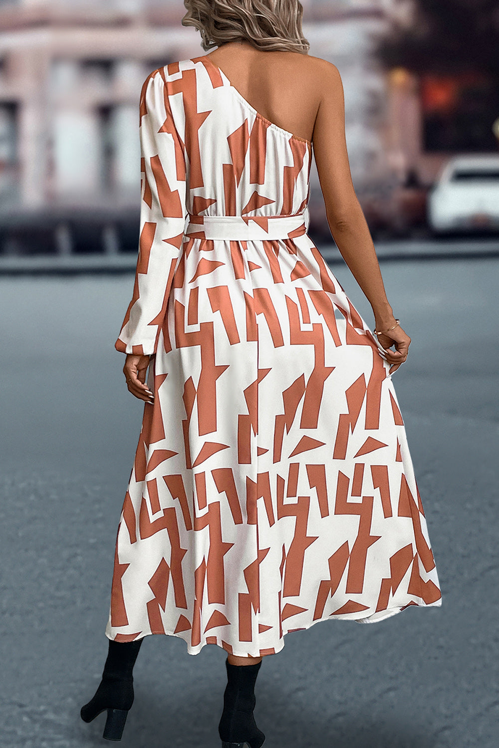 Printed One-Shoulder Tie Waist Dress - Body By J'ne
