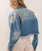 BiBi Pearl Detail Distressed Cropped Denim Jacket - Body By J'ne