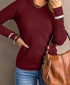 Round Neck Contrast Long Sleeve Knit Top - Body By J'ne