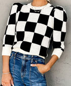 Plaid Round Neck Three-Quarter Sleeve Sweater - Body By J'ne