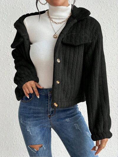 Fuzzy Button Up Collared Neck Jacket - Body By J'ne