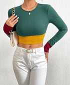 Color Block Round Neck Long Sleeve T-Shirt - Body By J'ne