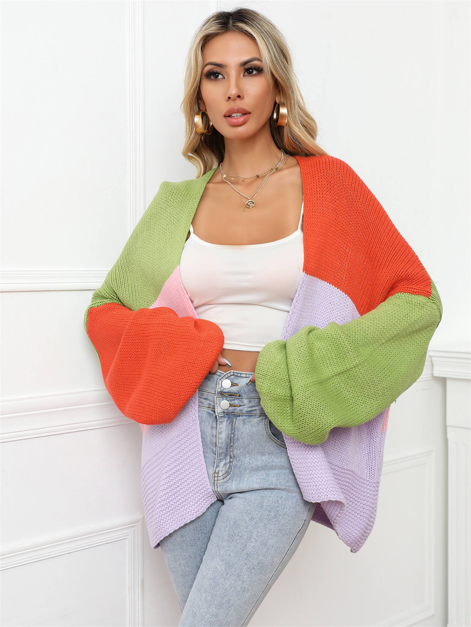 Color Block Open Front Balloon Sleeve Longline Cardigan - Body By J'ne