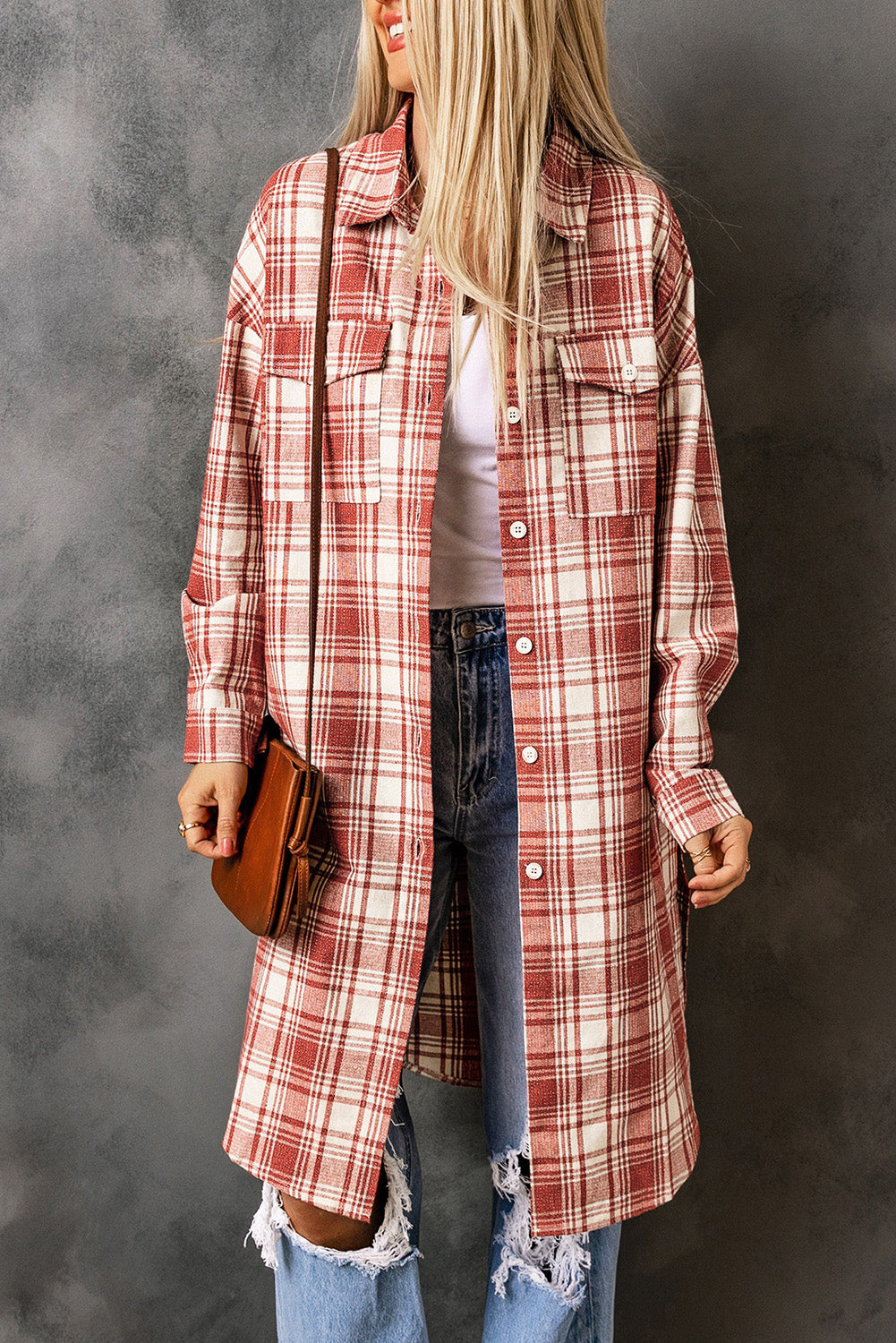 Plaid Button-Up Longline Shacket with Breast Pockets - Body By J'ne