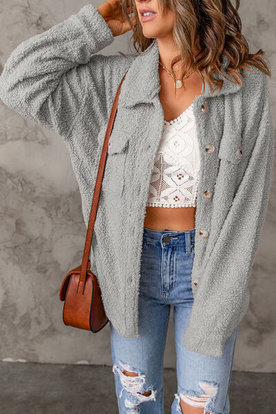 Fuzzy Button Up Pocketed Jacket - Body By J'ne