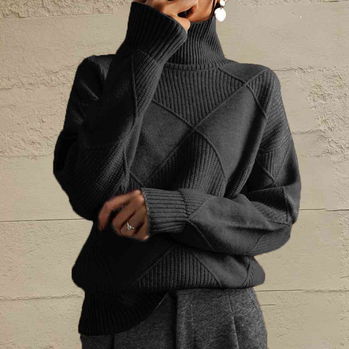 Geometric Turtleneck Long Sleeve Sweater - Body By J'ne