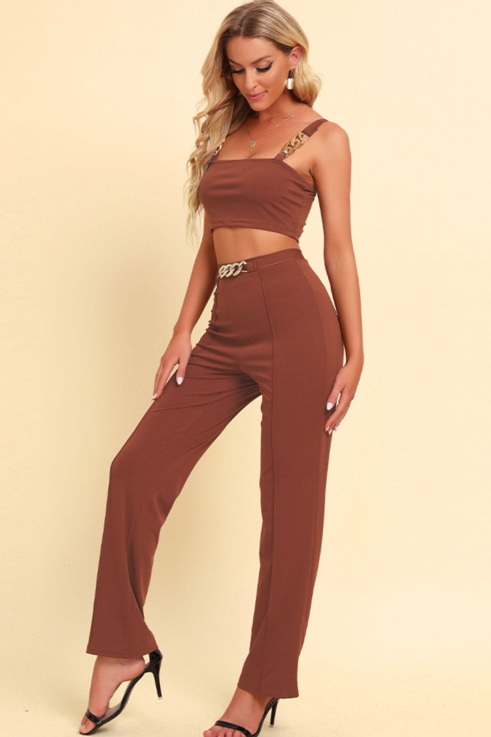 Chain Detail Cropped Cami and Straight Leg Pants Set - Body By J'ne