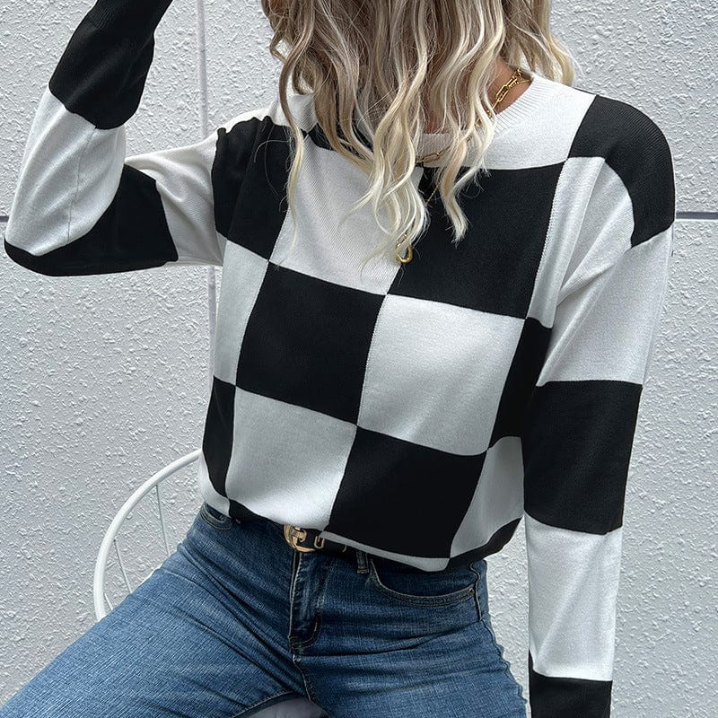 Checkered Dropped Shoulder Knit Pullover - Body By J'ne