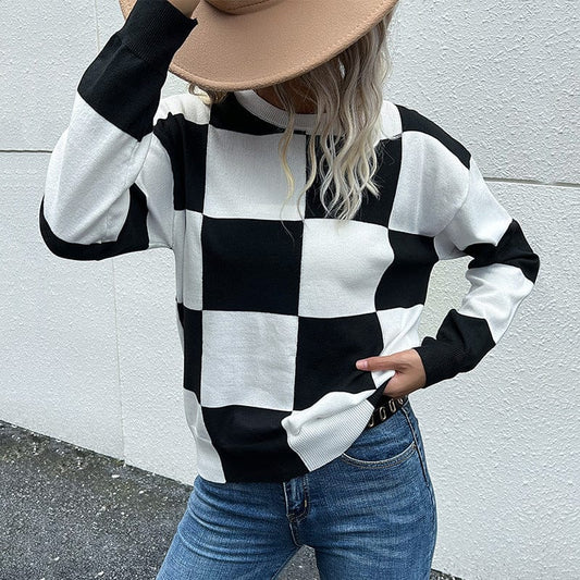 Checkered Dropped Shoulder Knit Pullover - Body By J'ne