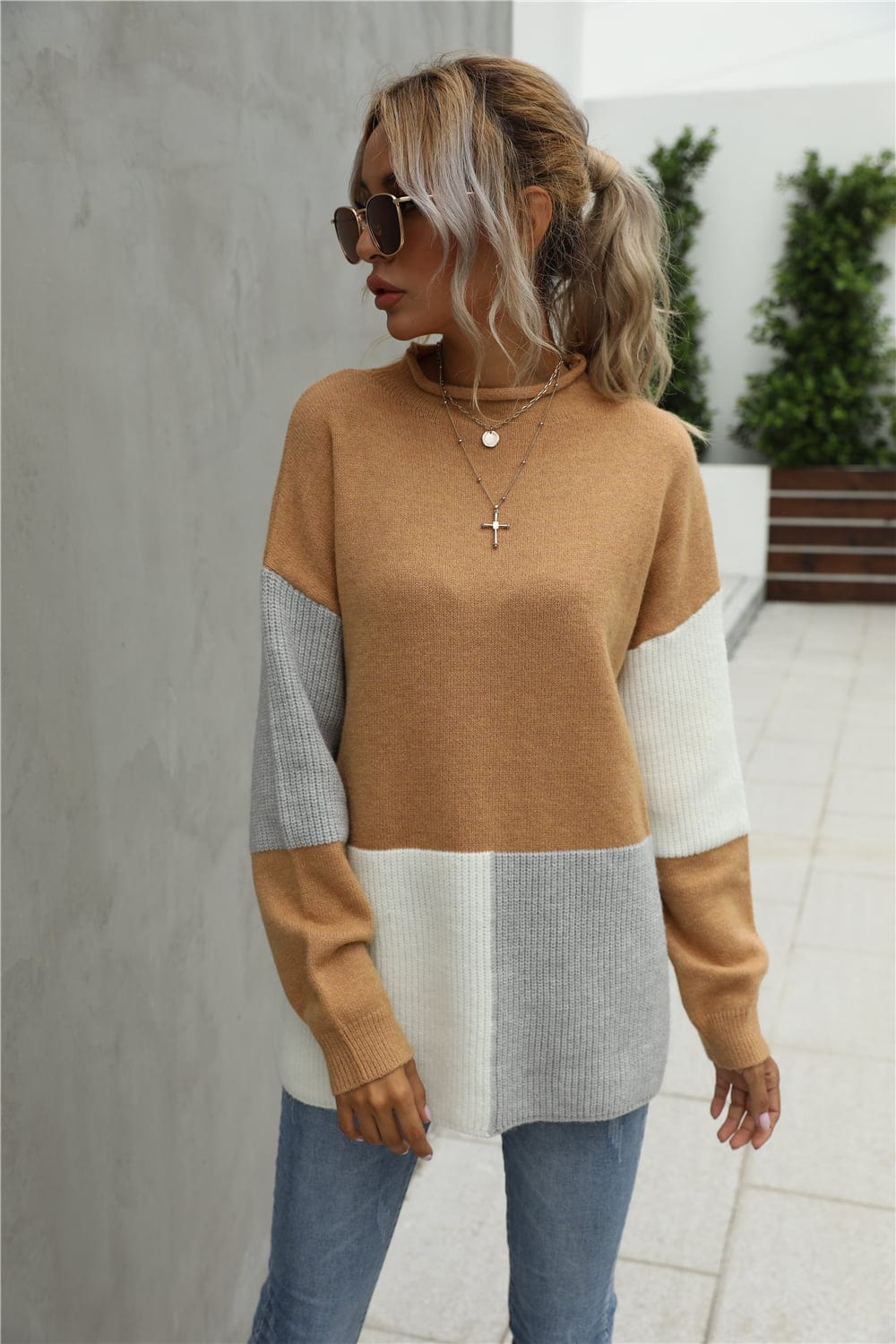 Color Block Round Neck Dropped Shoulder Sweater - Body By J'ne