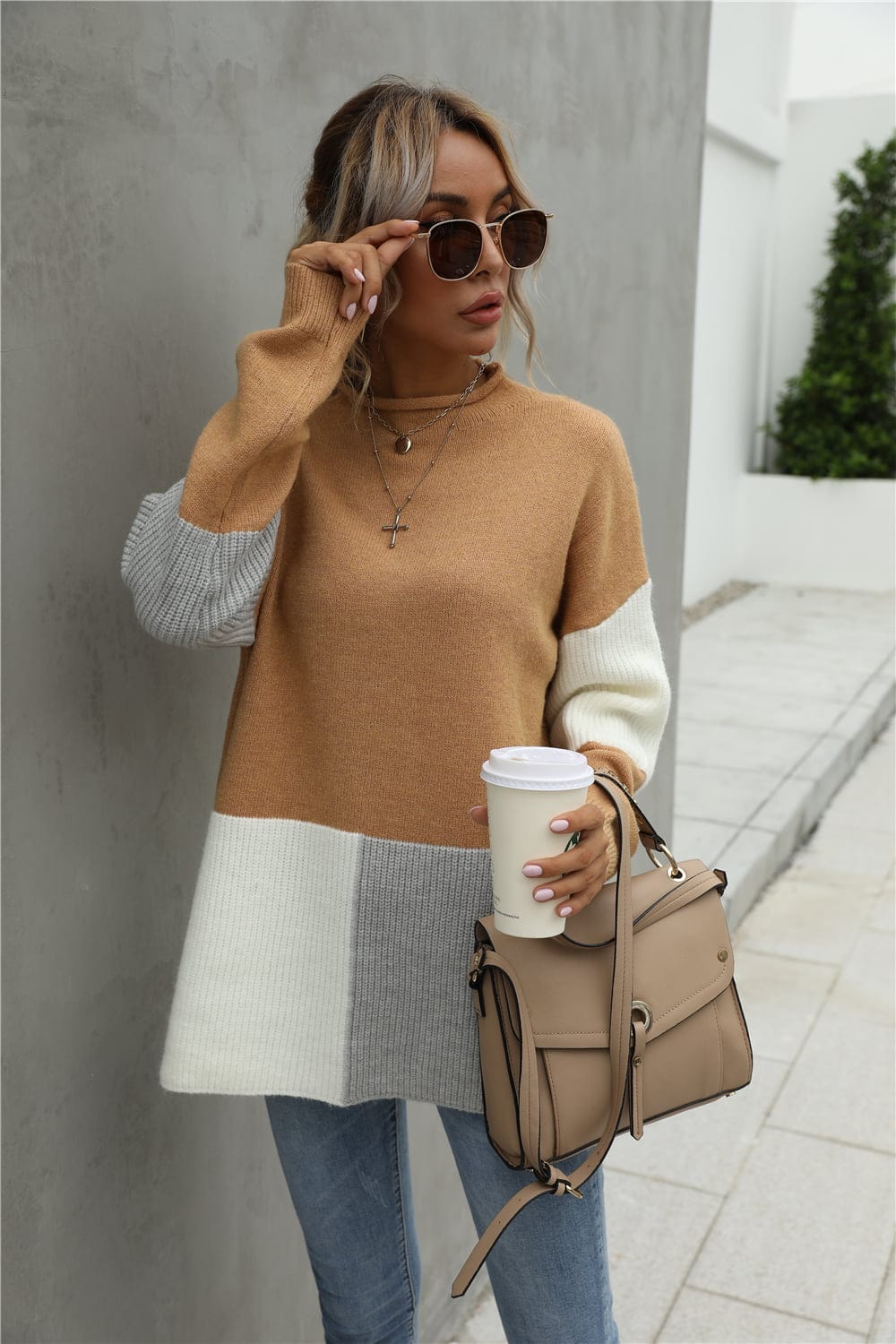 Color Block Round Neck Dropped Shoulder Sweater - Body By J'ne