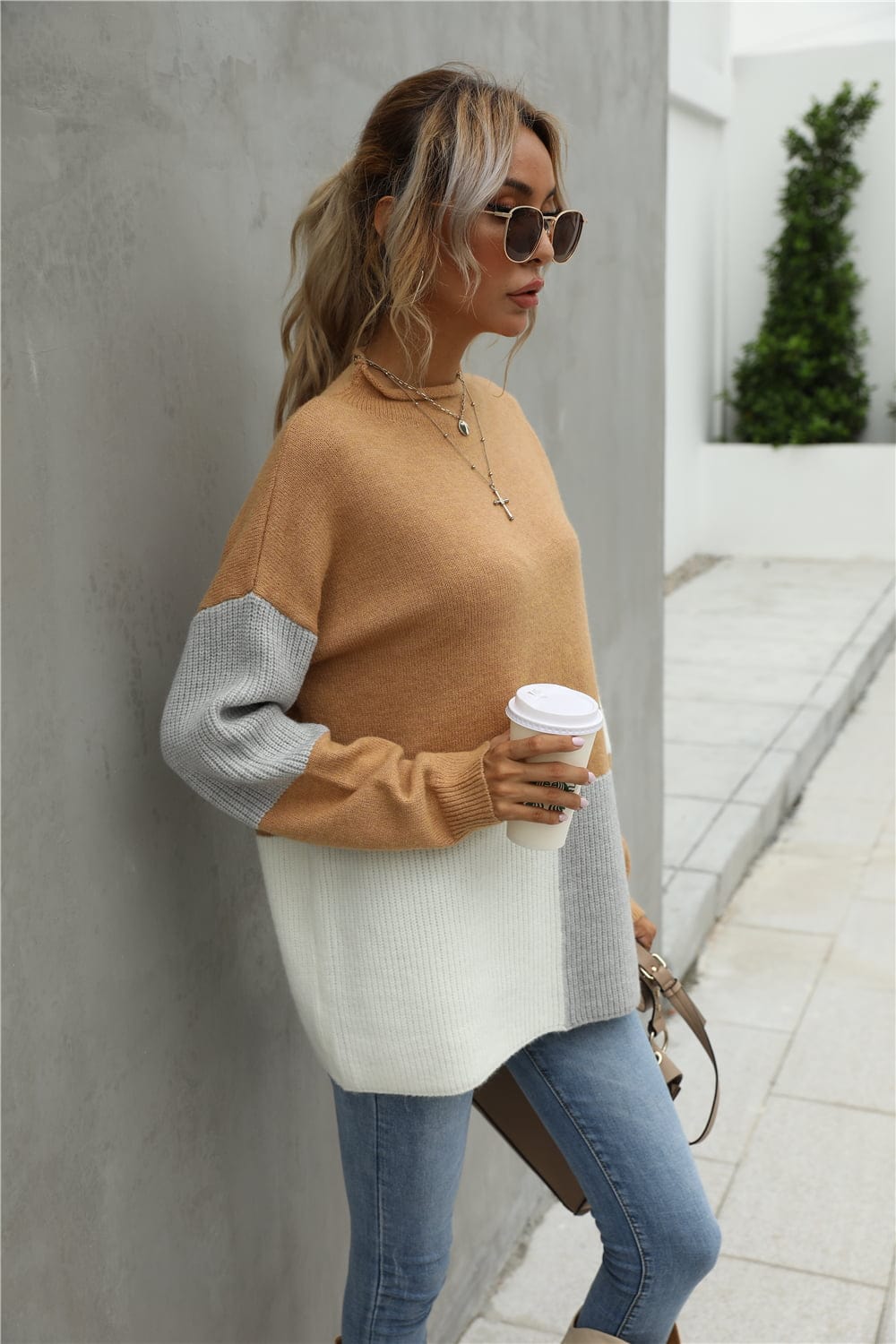 Color Block Round Neck Dropped Shoulder Sweater - Body By J'ne