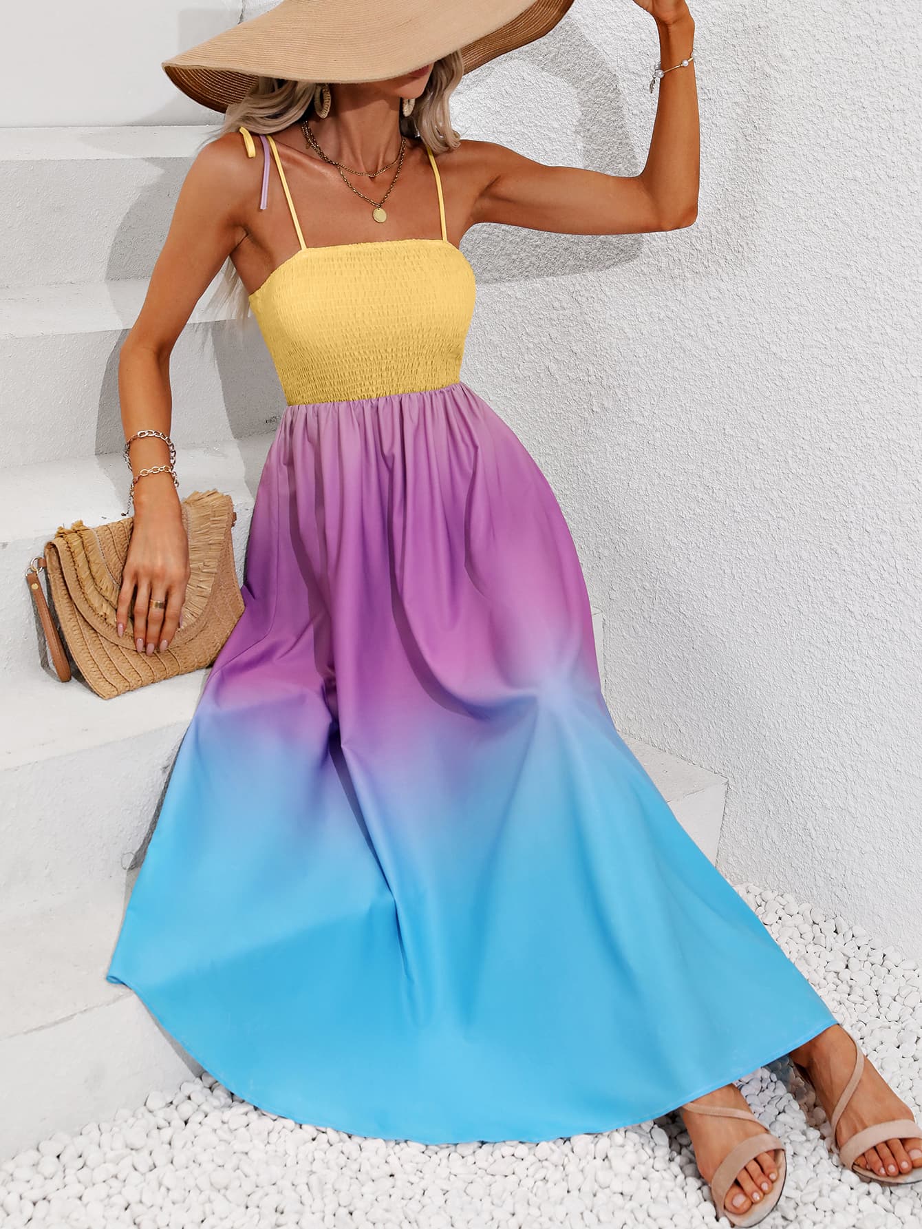Color Block Tie Shoulder Smocked Maxi Dress - Body By J'ne