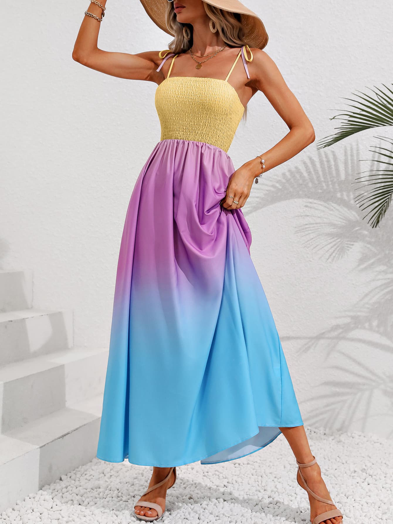 Color Block Tie Shoulder Smocked Maxi Dress - Body By J'ne