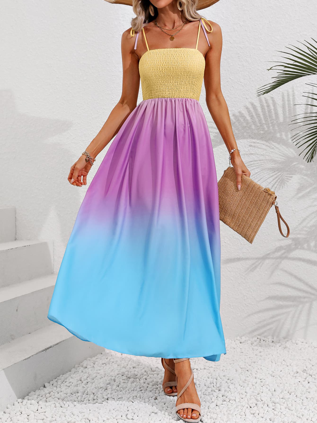 Color Block Tie Shoulder Smocked Maxi Dress - Body By J'ne