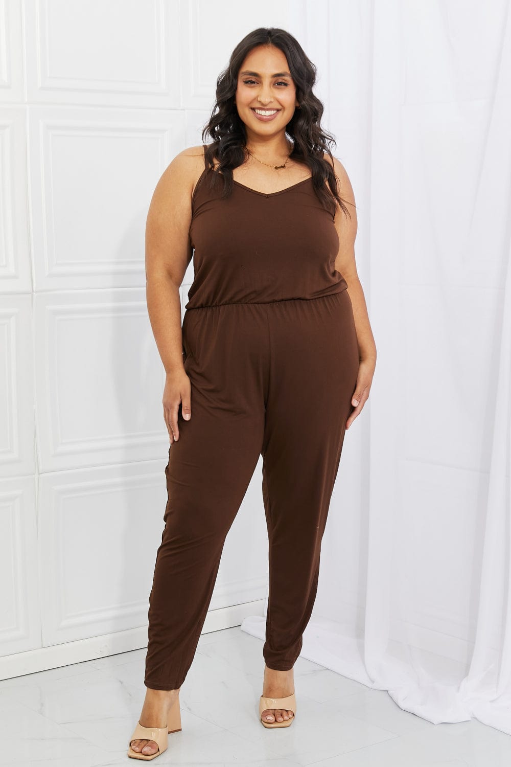 Comfy Casual Full Size Solid Elastic Waistband Jumpsuit in Chocolate - Body By J'ne