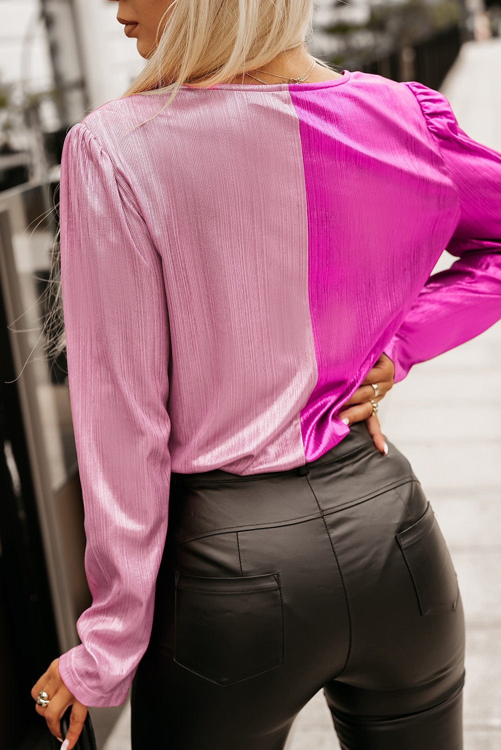 Contrast Color Surplice Neck Long Sleeve Blouse - Body By J'ne