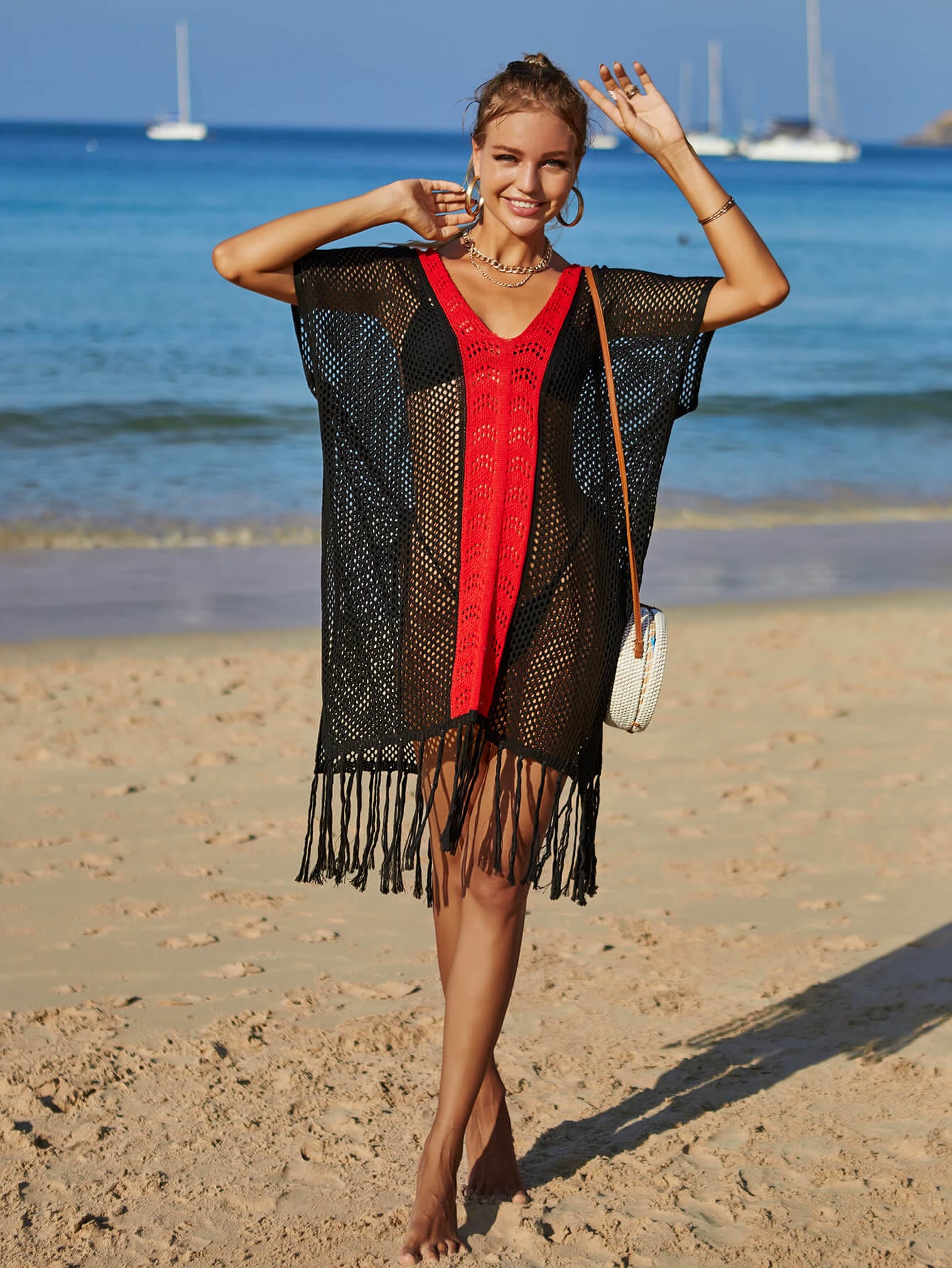 Contrast Fringe Trim Openwork Cover-Up Dress - Body By J'ne