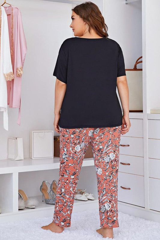 Contrast Round Neck Tee and Floral Pants Lounge Set - Body By J'ne