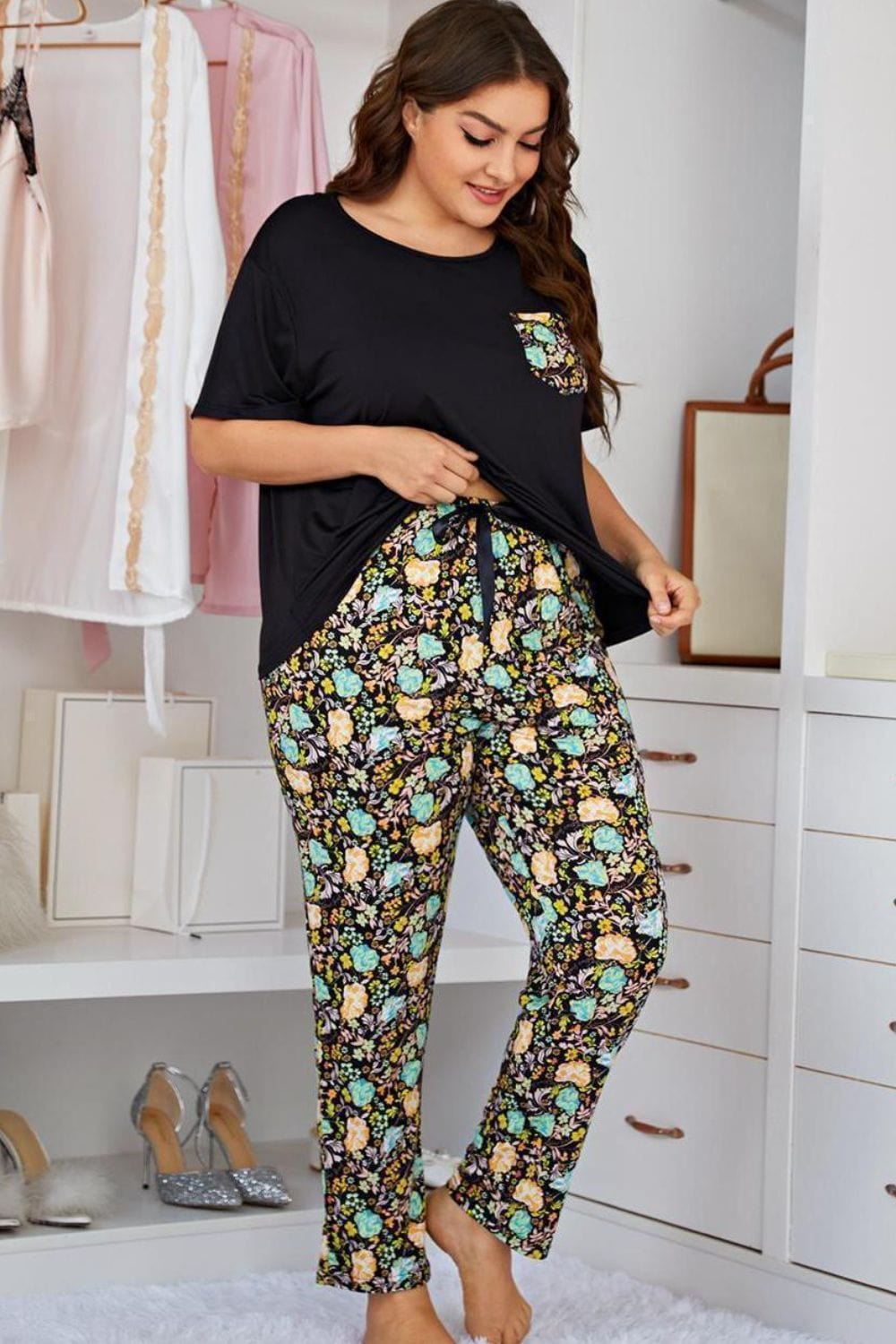 Contrast Round Neck Tee and Floral Pants Lounge Set - Body By J'ne