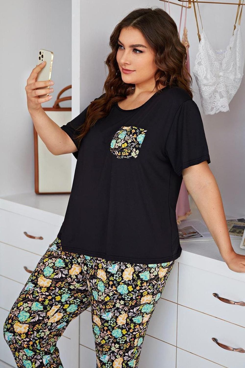 Contrast Round Neck Tee and Floral Pants Lounge Set - Body By J'ne